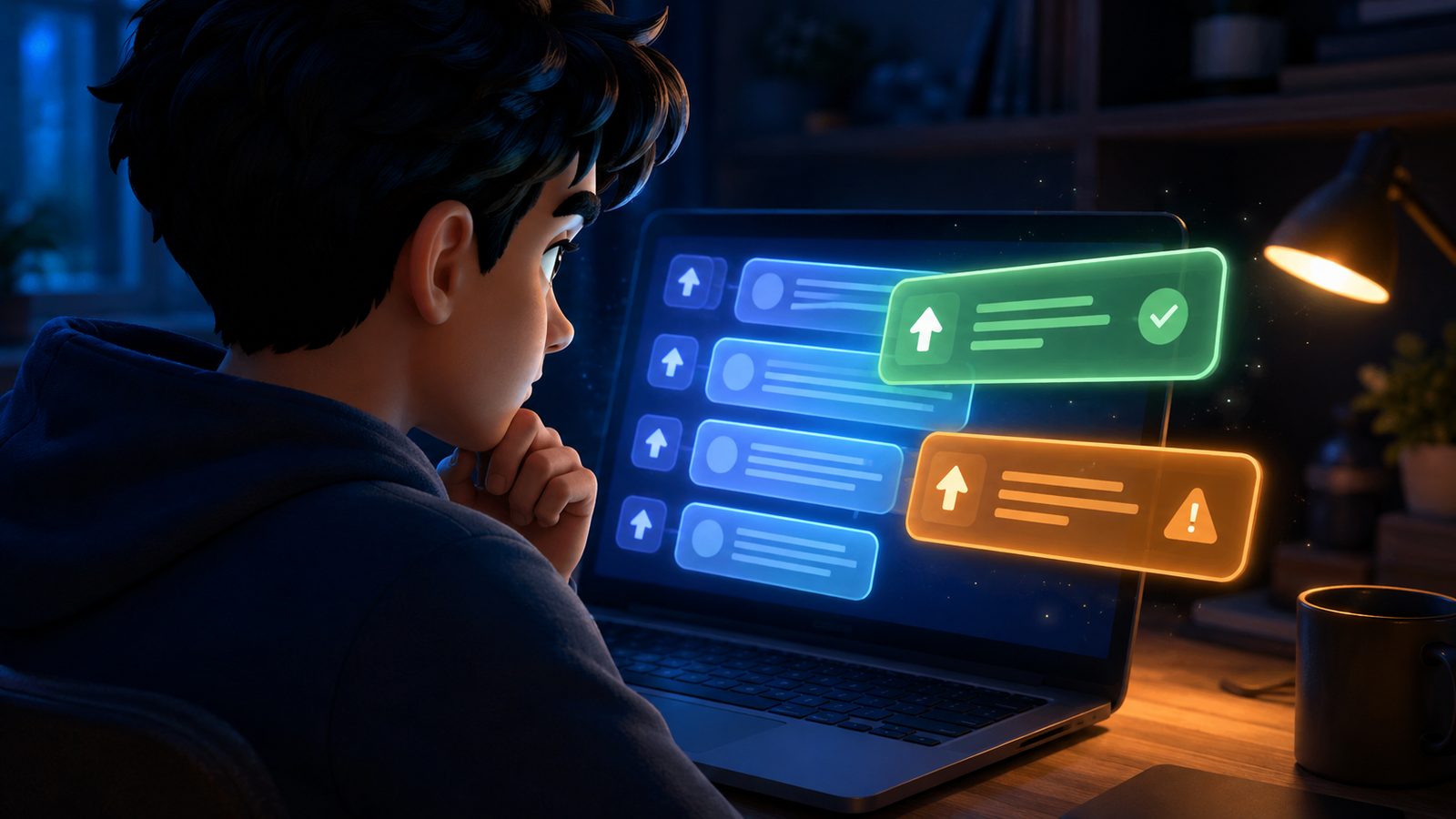 Reading an IPTV recommendation thread on a laptop, with upvoted comments and warnings side by side