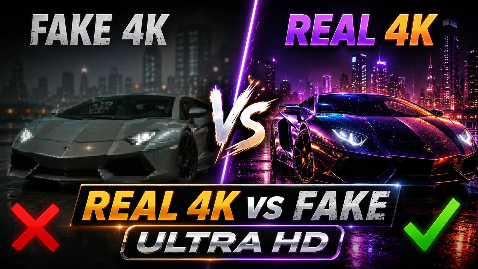 Side-by-side comparison of a blocky fake 4K picture and a genuinely sharp Ultra HD one