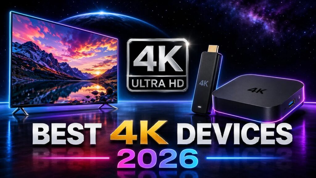 A 4K television, streaming stick and box beside an Ultra HD badge