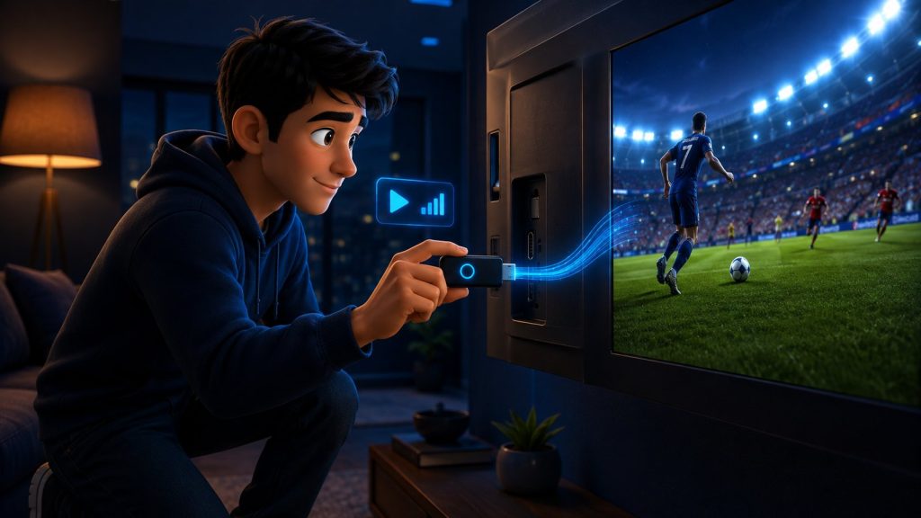 Plugging a streaming stick into a TV to watch IPTV, live football match starting on screen