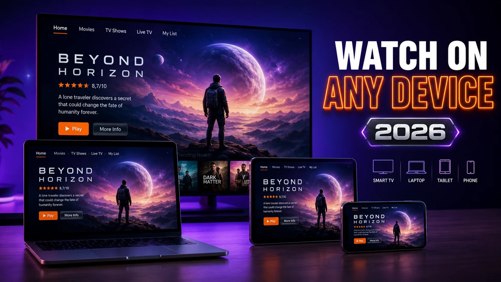 The same IPTV movie library open on a smart TV, laptop, tablet and phone side by side