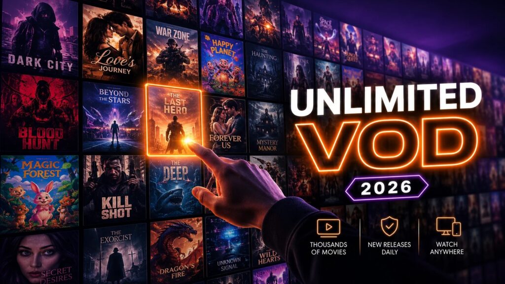 A huge IPTV on-demand movie library shown as a wall of film posters