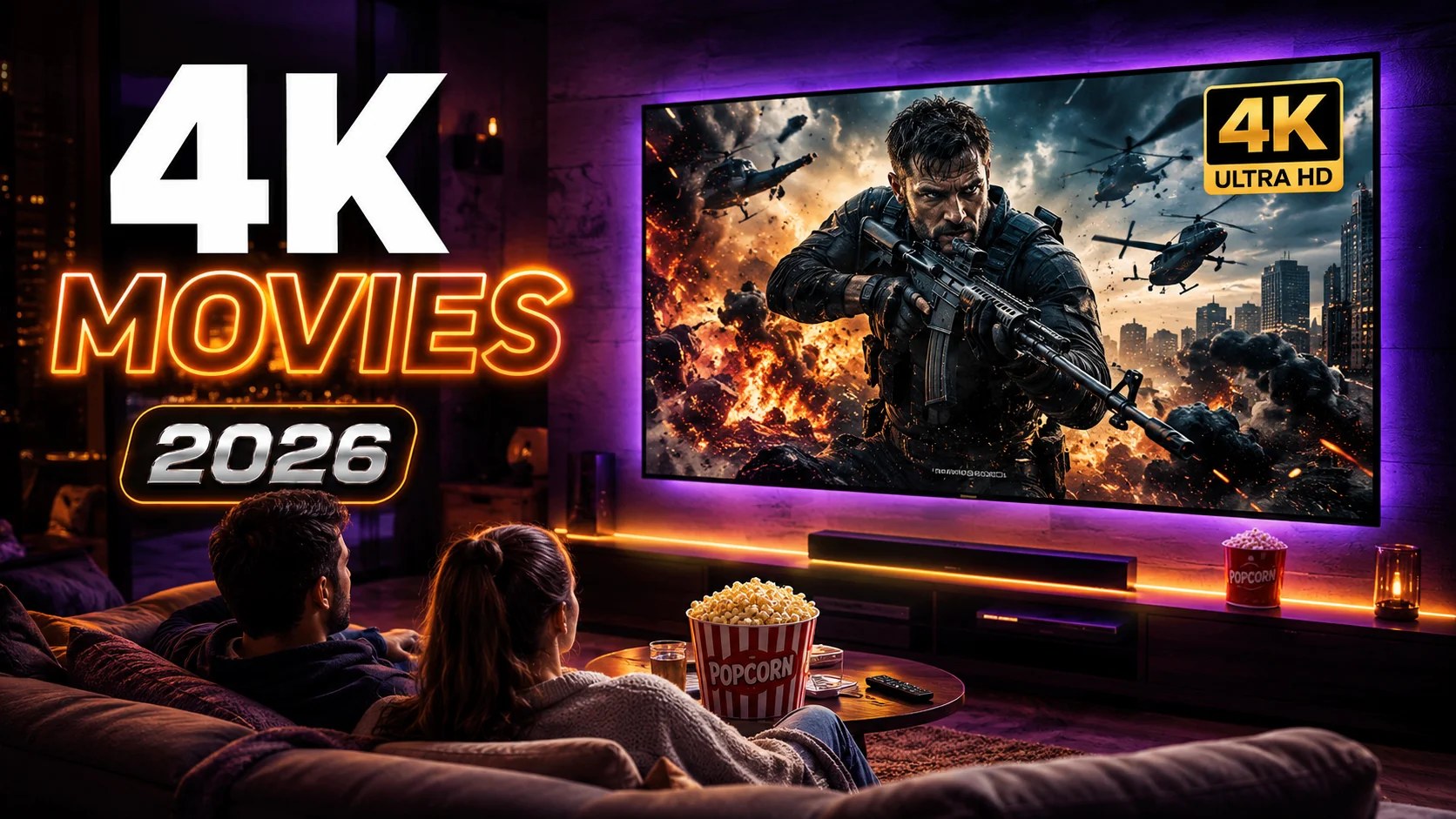Watching a 4K film on a large living-room television with a 4K Ultra HD badge on screen