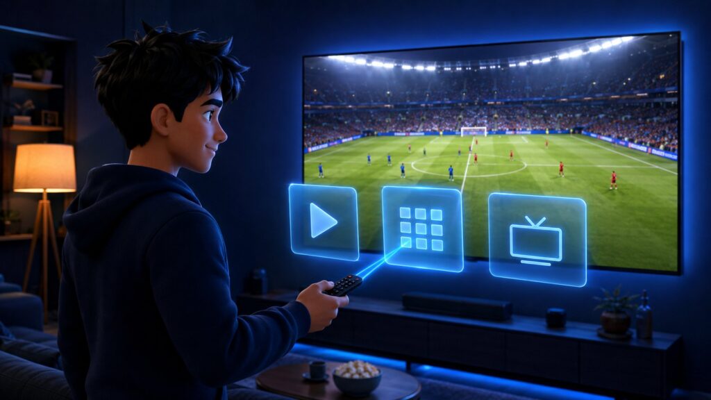 Watching IPTV on a large wall-mounted Smart TV with floating blue app panels