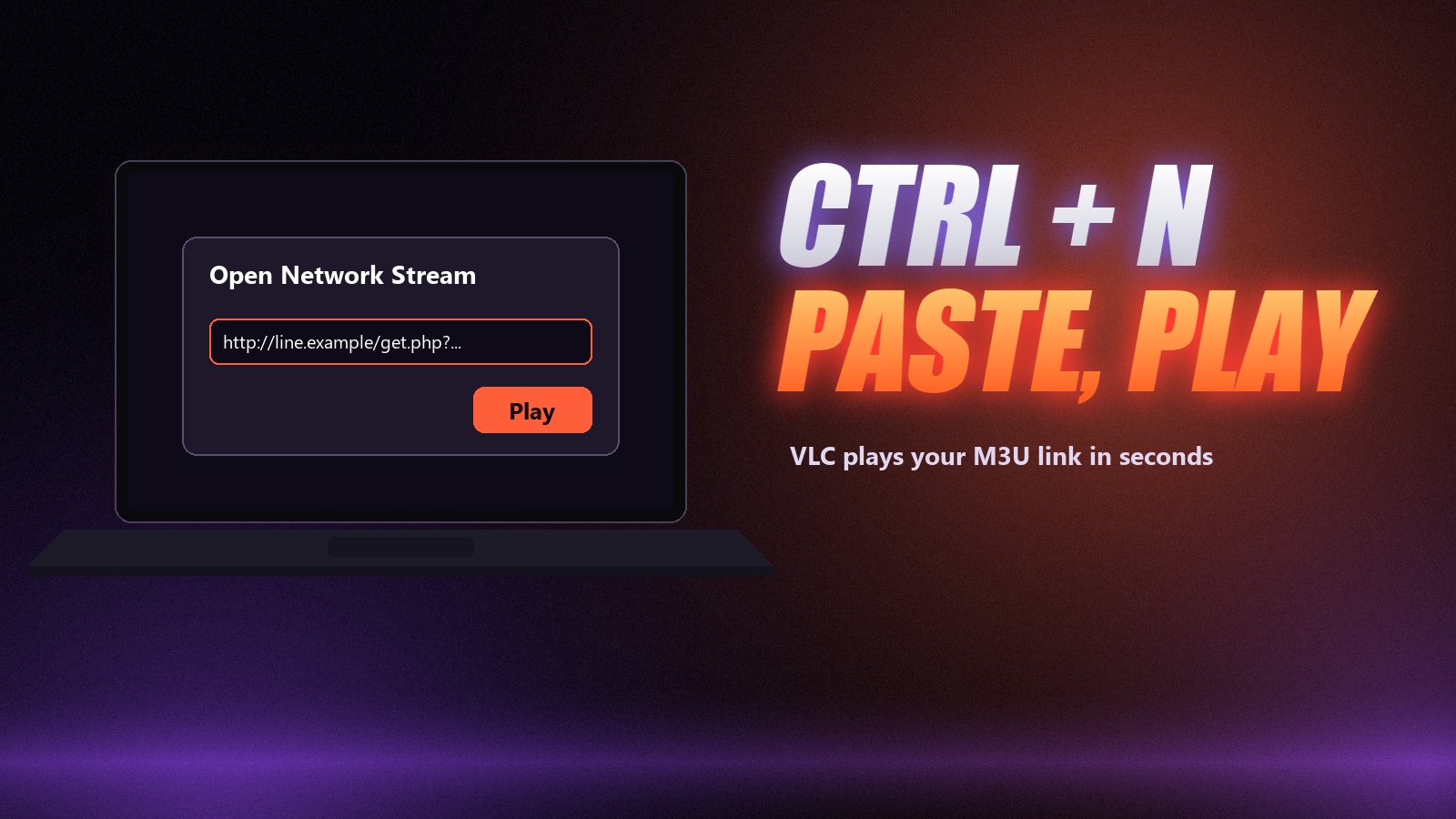 VLC Open Network Stream window with an IPTV M3U link pasted and the Play button highlighted